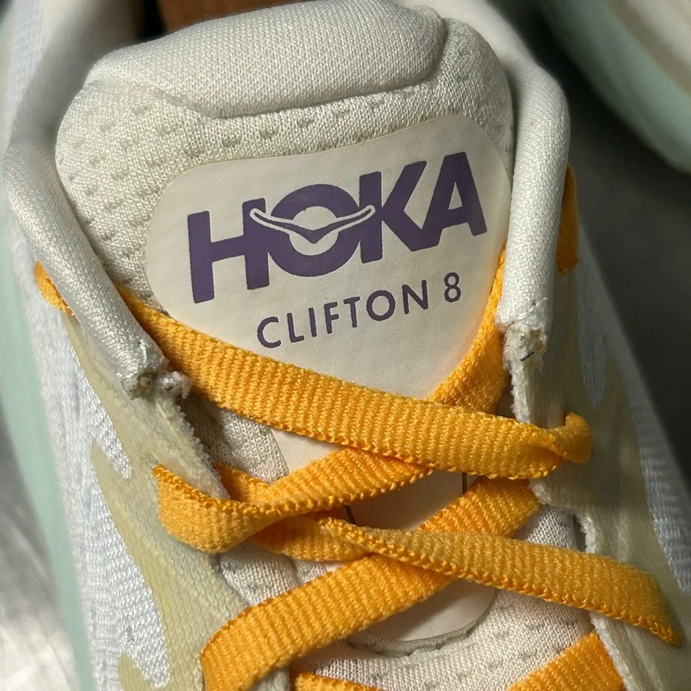 Hoka Women's White Sneakers with Yellow Laces and Purple Logo - Picture 8 of 11